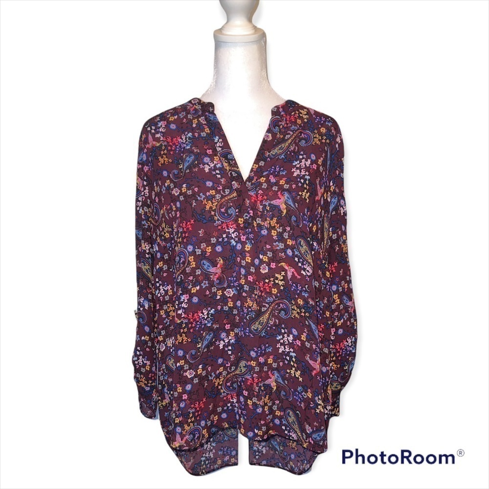 DR2 Floral V Neck‎ Blouse with 3/4 Sleeves Size Medium